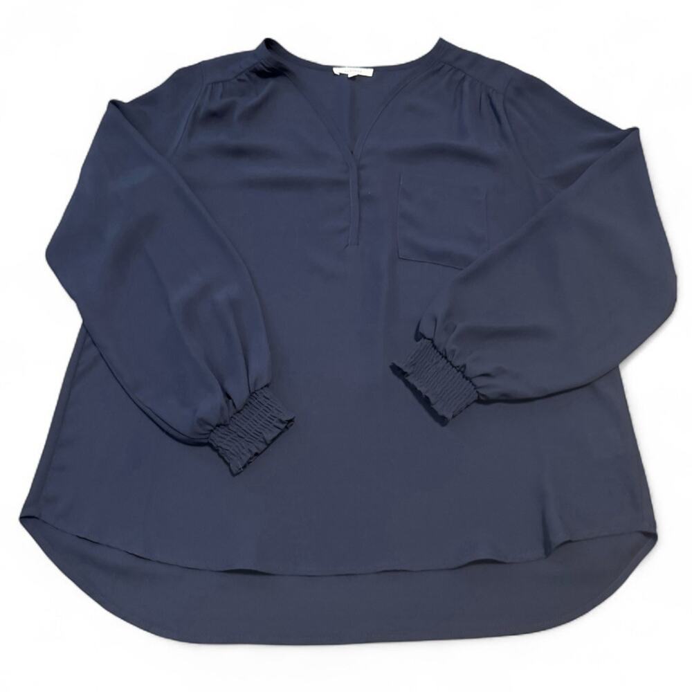 Pleione Navy Blue Blouse Size Medium Women’s High Low Long Sleeve Top Workwear
